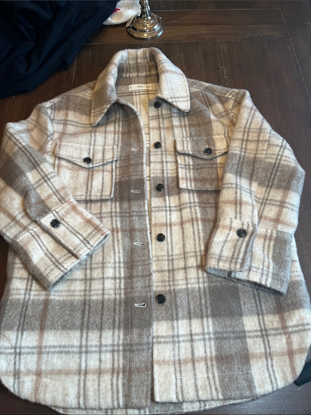 MNG Mango Women’s Plaid Oversized Shacket Jacket XS Cream Taupe Brown